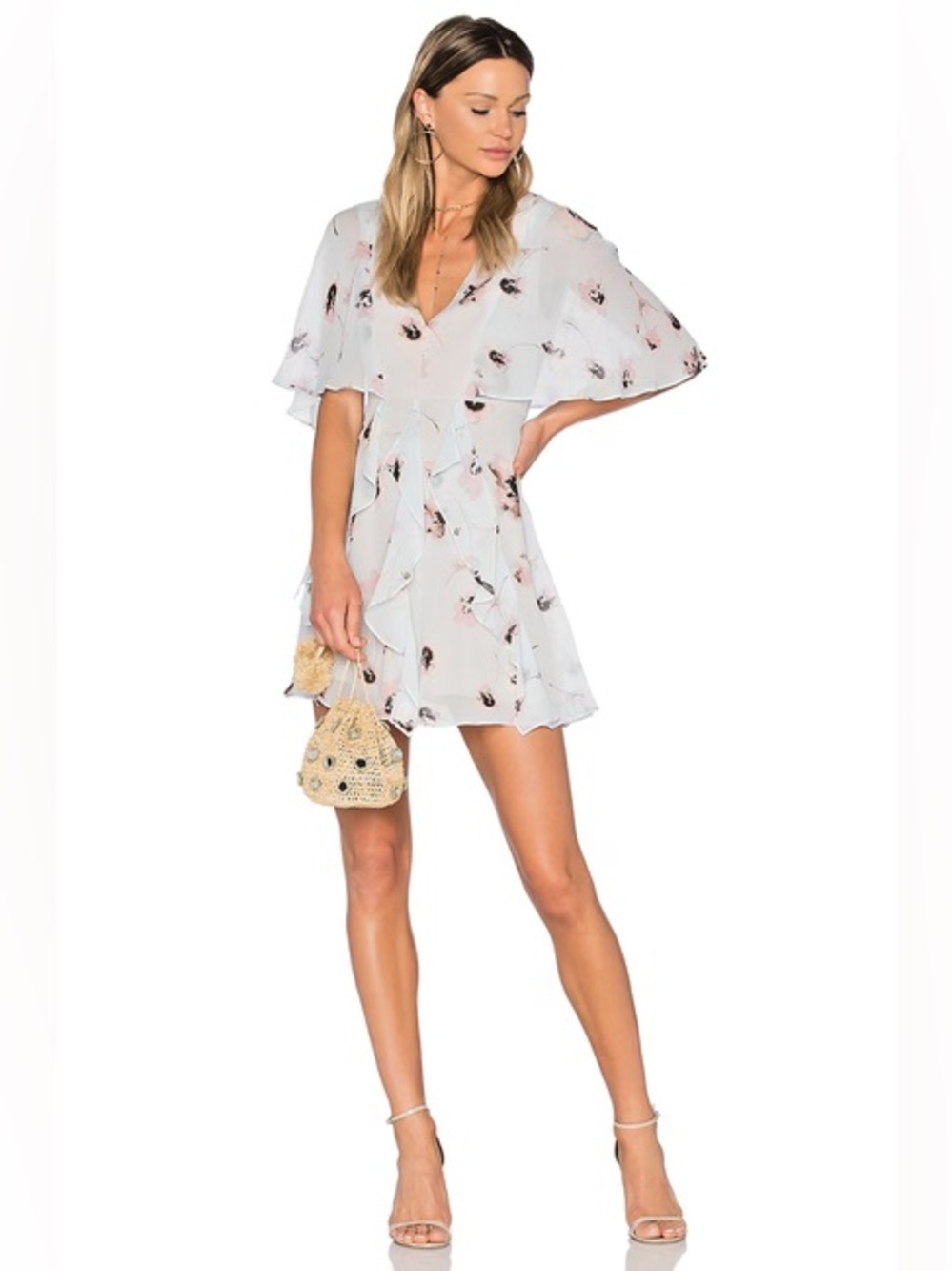 BCBG Maxazria Mabel Chiffon Dress 100% Silk Cape in Floral Pearl Blue $338MSRP